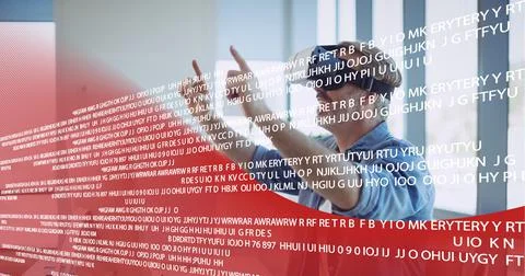 Data processing over man wearing vr headset at office against red technology Stock Photos