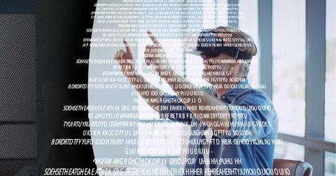 Data processing over man wearing vr headset at office against technology Stock Photos