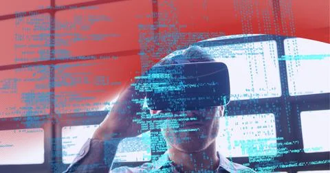 Data processing over man wearing vr headset against red technology background Stock Photos