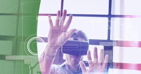 Data processing over man wearing vr headset against green technology concept Stock Photos