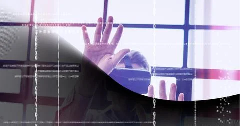 Data processing over man wearing vr headset against black technology concept Stock Photos