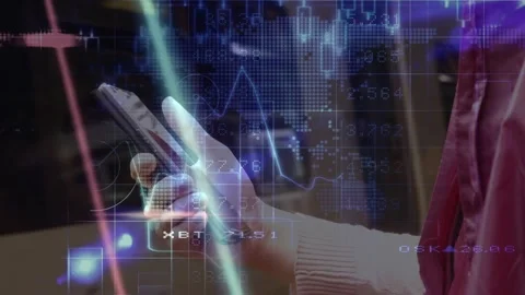 Data processing over mid section of caucasian woman using smartphone at train Stock Footage 316461217