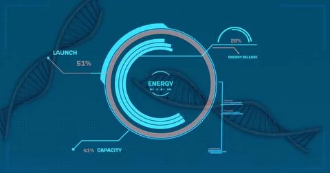 Data processing over multiple dna structures spinning against blue background Stock Photos