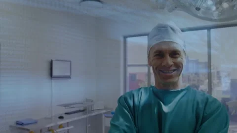 Data processing over portrait of caucasian male surgeon with arms crossed Stock Footage 330724435