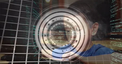 Data processing over round scanner over portrait of asian boy using computer at Stock Footage 327960836
