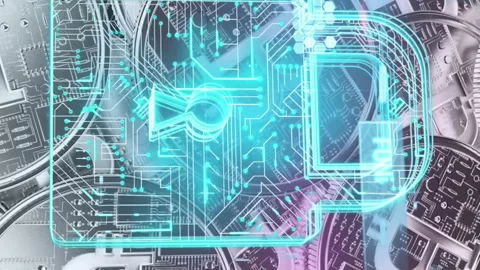 Data processing over security padlock icon against bitcoin coins in background Stock Footage 313337648