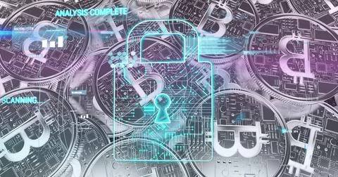 Data processing over security padlock icon against bitcoin coins in background Stock Photos