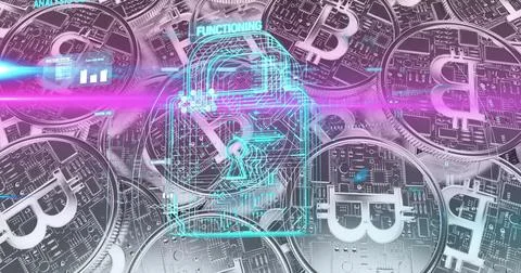 Data processing over security padlock icon against bitcoin coins in background Stock Photos
