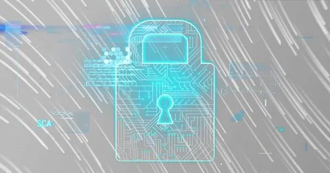 Data processing over security padlock over light trails falling against grey Foto stock