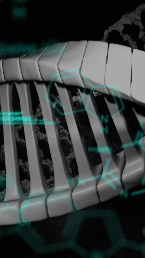 Data processing over spinning dna structure and network of connections against Stock Footage 324024255
