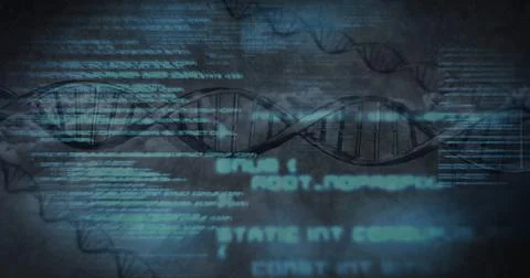 Data processing over spinning dna structures against grey background Stock Illustration
