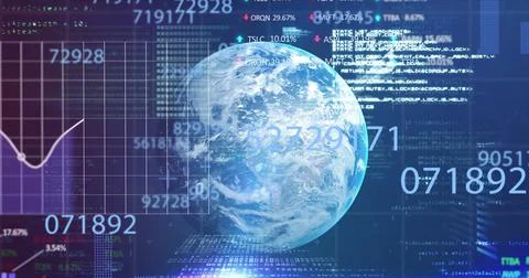 Data processing over spinning globe against blue background Stock Illustration