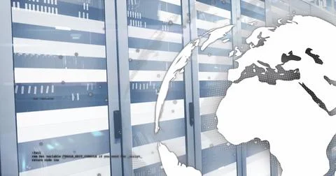 Data processing over spinning globe against computer server room 库存插图