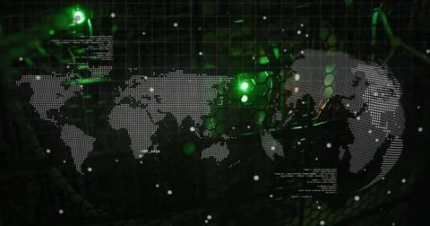 Data processing over spinning globe and world map against close up of a computer Stock Photos