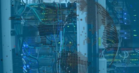 Data processing over spinning globe against close up of a computer server Stock Photos