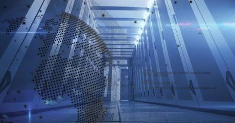Data processing over spinning globe against computer server room Foto stock