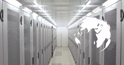 Data processing over spinning globe and world map against computer server room 스톡 사진