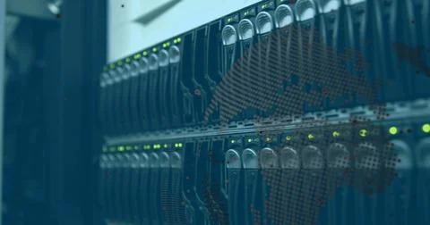 Data processing over spinning globe against close up of a computer server 스톡 사진