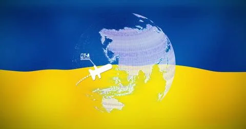 Data processing over spinning globe against waving ukraine flag in background Stock Photos