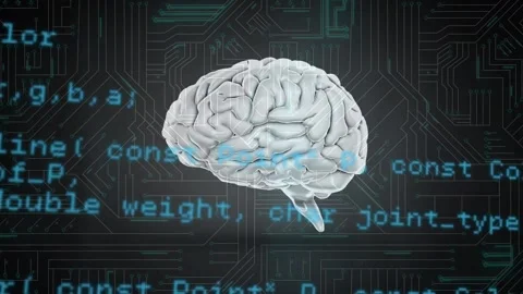 Data processing over spinning human brain against microprocessor connections on Vídeo Stock 196171359