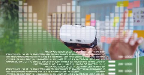 Data processing over woman wearing vr headset at office against green technology Stock Photos