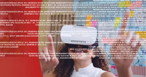 Data processing over woman wearing vr headset at office against red technology Stockfoto's