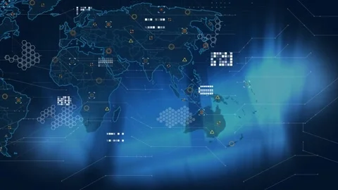 Data processing over world map against abstract blue square shapes on black Stock Footage 326187966