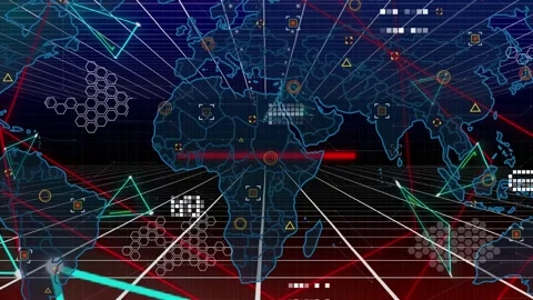 Data processing over world map and plexus networks against grid network on black Stock Footage 327393057