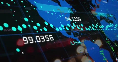 Data processing over a world map against city traffic at night Illustrazione stock