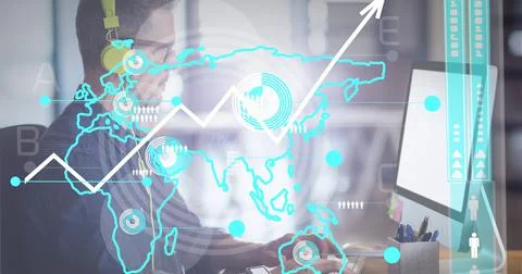 Data processing over world map against caucasian man wearing headphones using 库存照片