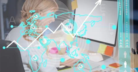 Data processing over world map against caucasian woman using computer at office Stockfoto's