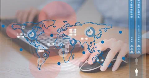 Data processing over world map against mid section of person using computer Foto stock