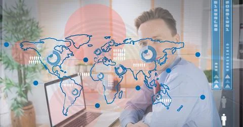 Data processing over world map against portrait of caucasian man smiling at Stock Photos