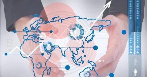 Data processing over world map against close up of hands of businessman Stock Photos