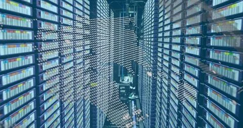 Data processing over world map against computer server room Stock Photos