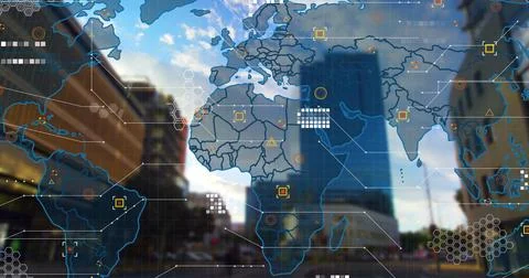 Data processing over world map against tall buildings in background Stock Photos