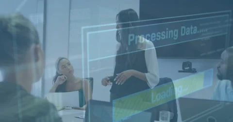 Data processing overlay appearing in business meeting as presenter gesturing Stock Footage 320088936