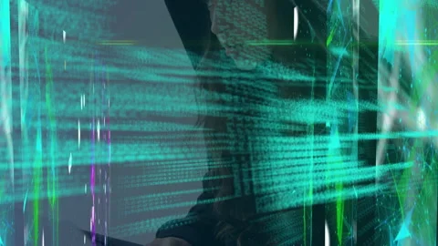 Data processing with screens showing colourful objects over female hacker Stock Footage 142201624