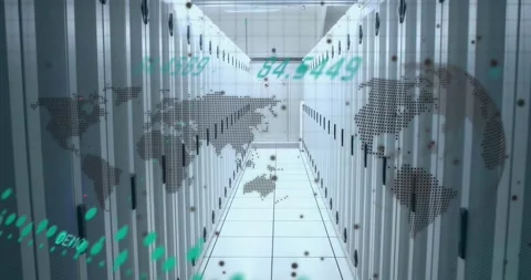 Data processing, spinning globe and world map over empty computer server room Vídeos de archivo 330473755