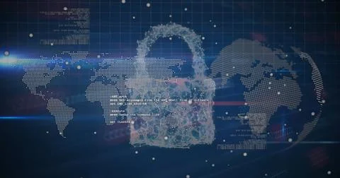 Data processing with a spinning globe and world map in the background Foto stock