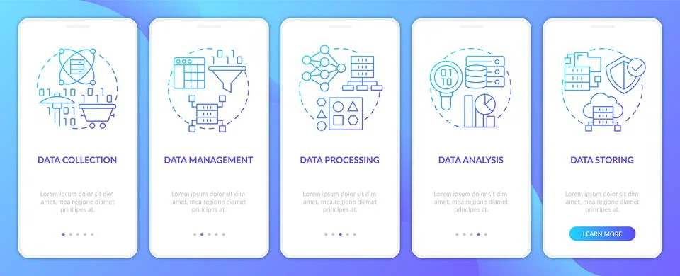 Data processing stages blue gradient onboarding mobile app screen Stock Illustration