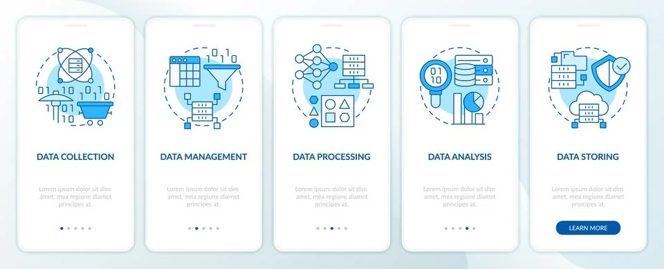 Data processing stages blue onboarding mobile app screen Stock Illustration