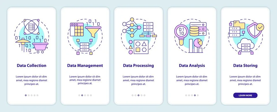 Data processing stages onboarding mobile app screen Stock Illustration
