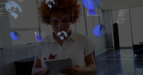 Data professional woman tapping tablet and swiping through holographic charts Video stock 320215120