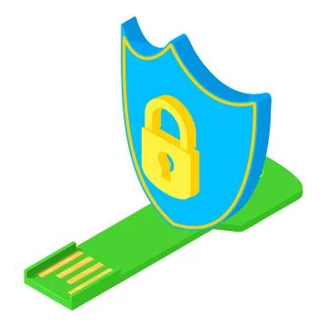 Data protected icon isometric vector. Shield with padlock image near flash drive Stock Illustration