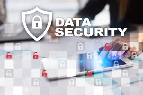 Data protection and cyber security concept on the virtual screen. Illustrazione stock