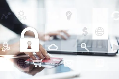 Data protection and cyber security concept on the virtual screen. 스톡 일러스트