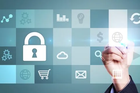 Data protection and cyber security concept on virtual screen. Фото