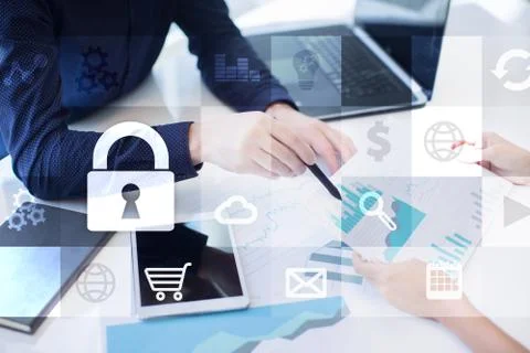 Data protection and cyber security concept on the virtual screen. 库存照片