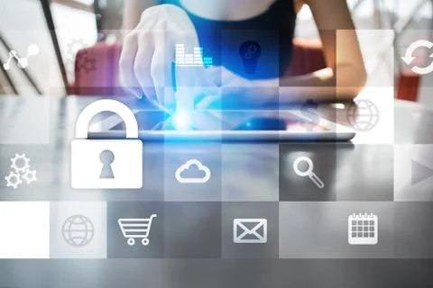 Data protection and cyber security concept on the virtual screen. Stock-Fotos
